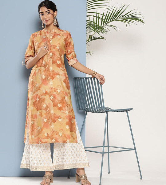 Brown Printed Silk Straight Kurta